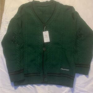 Green and black long sleeve V-neck button sweater